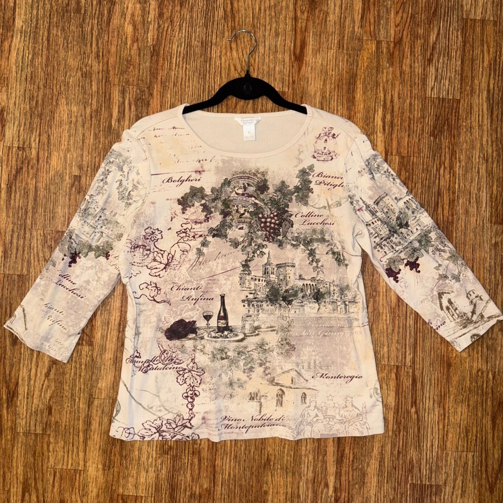 Vintage Christopher Banks Graphic Top Italian Vineyard Medium Rhinestone Y2K